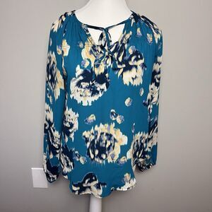 Simply Vera Women’s XSmall Teal White Floral Keyhole Long Sleeve Blouse Top